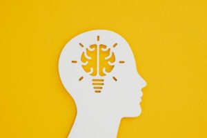 An outline of a human head showing the brain as a lightbulb-styled graphic with a yellow background