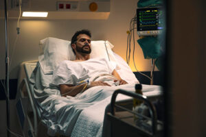 A man laying in a hospital bed
