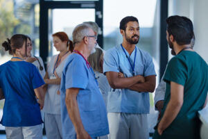 a group of healthcare workers talking together