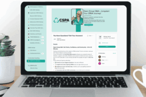 A laptop open to the Free CRNA school coaching sessions offered by CRNA school prep academy