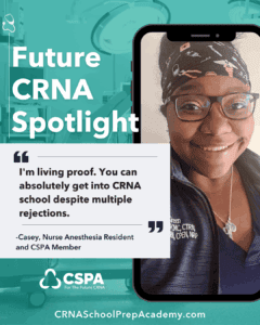 Cover graphic for Critical Care Casey's Future CRNA Spotlight post on the CRNA School Prep Academy Instagram page